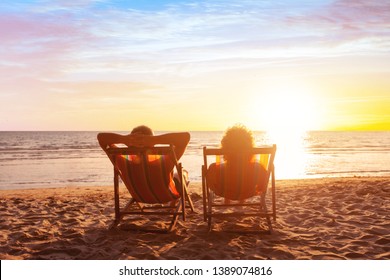 Summer Holidays, Beach Travel, Vacation For Couple, Man And Woman Relax And Enjoy Life Together At Sunset