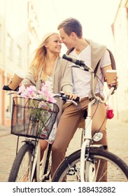 Summer Holidays, Bikes, Love, Relationship And Dating Concept - Couple With Bicycles In The City