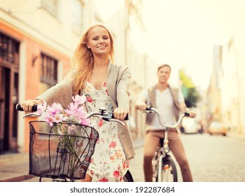 Summer Holidays, Bikes, Love, Relationship And Dating Concept - Couple With Bicycles In The City