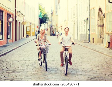 Summer Holidays, Bikes, Love, Relationship And Dating Concept - Couple With Bicycles In The City