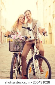 Summer Holidays, Bikes, Love, Relationship And Dating Concept - Couple With Bicycles In The City