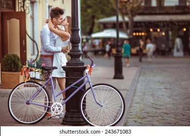 Summer Holidays, Bikes, Love, Wedding- Couple With Bicycles In The City.