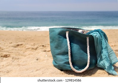 Summer Holidays - Blue Beach Bag On The Seacoast And Shawl