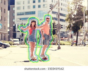 summer holidays, extreme sport and people concept - happy teenage couple riding short modern cruiser skateboards on city street with glowing lines