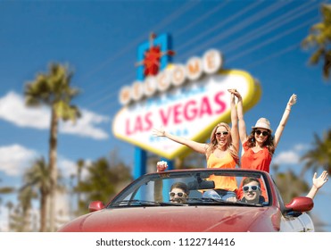 Summer Holidays, Road Trip And Travel Concept - Happy Friends Driving In Convertible Car And Waving Hands Over Welcome To Fabulous Las Vegas Sign Background