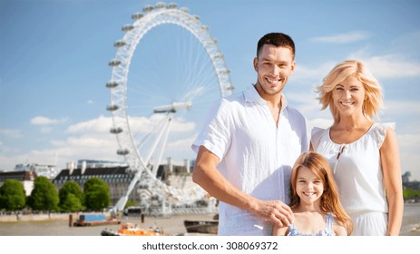 Summer Holidays, Travel, Tourism And People Concept - Happy Family Over London Ferry Wheel Background