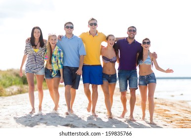 Summer, Holidays, Vacation, Happy People Concept - Group Of Friends Having Fun On The Beach