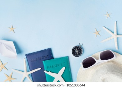 Summer Holidays, Vacation, Travel And Tourism Background From Sunglasses, Hat, Passport, Airplane And Boat Miniatures, Starfish. Top View. Flat Lay Style.