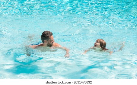 Summer Holidays Weekend At Family Day. Dad And Child Having Fun At Pool Party.