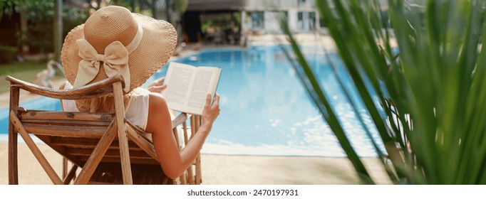 summer holidays, woman reading book near swimming pool in hotel, vacations, female tourist wearing beach hat, banner background with copyspace