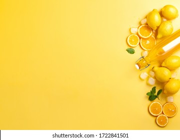 Summer homemade lemonade ingredients overhead view, background with copy space for a text, culinary recipe concept