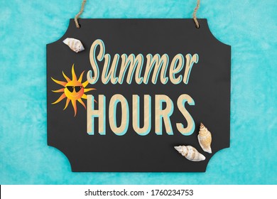 Summer Hours Hanging Chalkboard Sign With Seashells And Sun In Sunglasses