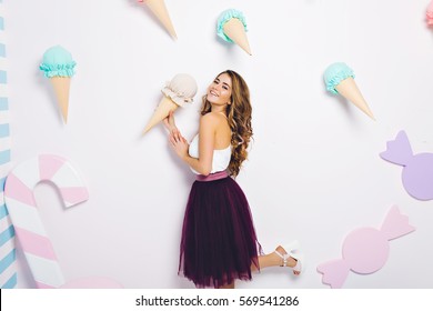 Summer, Ice Cream Dream, Attractive Fashionable Model In Tulle Skirt Isolated On White Background. Having Fun, Smiling To Camera, Expressing True Positive Emotions