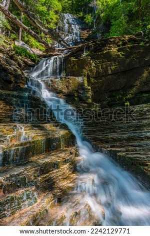 Summer image of Lye Brook Falls waterfall in Manchester, Vermont in Lye Brook Wilderness of the Green Mountain National Forest.