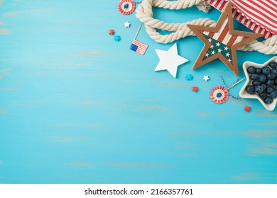 Summer Independence Day Picnic Concept With Decorations And Beach Bag. 4th Of July Background.  Top View, Flat Lay