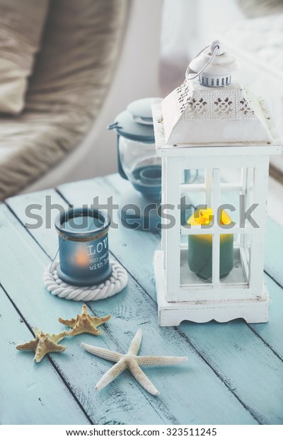 Summer Interior Decoration Starfishes Lantern Blue Stock Photo