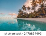 Summer island palm tree sea sand beach. Panoramic beach landscape. Inspire tropical nature seascape horizon. Orange golden sunset sky clouds. Tranquil shore relax beachfront resort. Vacation travel