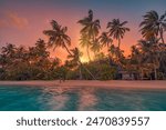 Summer island palm tree sea sand beach. Panoramic beach landscape. Inspire tropical nature seascape horizon. Orange golden sunset sky clouds. Tranquil shore relax beachfront resort. Vacation travel