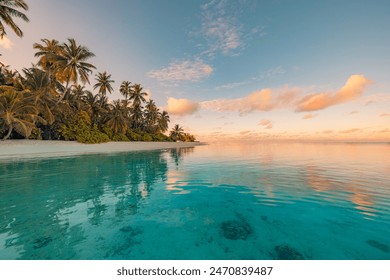 Summer island palm tree sea sand beach. Panoramic beach landscape. Inspire tropical nature seascape horizon. Orange golden sunset sky clouds. Tranquil shore relax beachfront resort. Vacation travel - Powered by Shutterstock