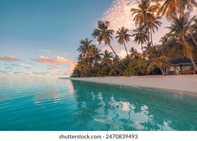 Summer island palm tree sea sand beach. Panoramic beach landscape. Inspire tropical nature seascape horizon. Orange golden sunset sky clouds. Tranquil shore relax beachfront resort. Vacation travel - Powered by Shutterstock