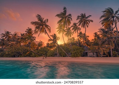 Summer island palm tree sea sand beach. Panoramic beach landscape. Inspire tropical nature seascape horizon. Orange golden sunset sky clouds. Tranquil shore relax beachfront resort. Vacation travel - Powered by Shutterstock