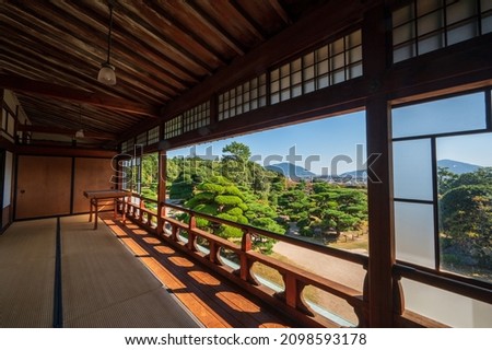 Summer Japanese garden seen from the former Choshu feudal lord Mouri family's main residence in Hofu City, Yamaguchi Prefecture, Japan