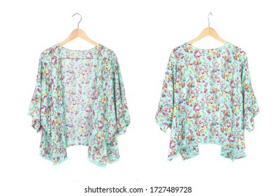 Summer Kimono Cardigan With Floral Pattern Isolated On White, Front And Back