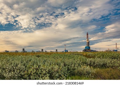 The Summer Landscape Of The Arctic Tundra Against The Background Of Infrastructure For Drilling Wells And Oil And Gas Production. In The Foreground Is The Vegetation Of The Northern Nature