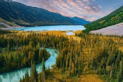 Summer Landscape Beautiful Multinskoye Lake And Meandering Blue River In Mountains Altai, Aerial Top View.