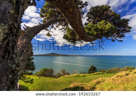 Summer Landscape with Blue Sky on the Pacific Sea Coast. A view to Rangitoto Island and Hauraki Gulf from Devonport, Auckland, New Zealand
