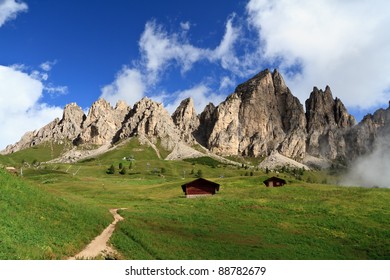 summer landscape of Cir group from Gardena pass, Italian Dolomites