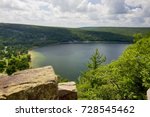 Summer landscape at Devils Lake State Park, Baraboo area, Wisconsin, USA. Areal view on South shore beach from rocky ice age hiking trail. Nature background. Nature of Midwest, Wisconsin.