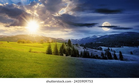 summer landscape with meadow and spruce forest on hills in mountainous area with sun and moon on sky. day and night time change concept at spring equinox. mysterious countryside scenery in the morning - Powered by Shutterstock