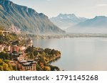 Summer landscape of Montreux city, Switzerland, canton of Vaud, aerial view