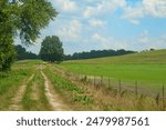 Summer landscape view of the Katy Trail, passing between a forest and hilly, green fenced field beneath a partly cloudy blue sky, near Boonville, Missouri.