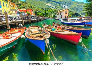 Summer landscape and wooden boats,Lake Garda,Torbole town,Italy,Europe