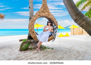 Summer Lifestyle Traveler Woman Relaxing On Straw Nests Joy Nature View Landscape Vacation Luxury Beach, Attraction Place Leisure Tourist Travel Thailand Holiday, Tourism Beautiful Destination Asia