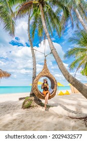 Summer Lifestyle Traveler Woman Relaxing On Straw Nests Joy Nature View Landscape Vacation Luxury Beach, Attraction Place Leisure Tourist Travel Thailand Holiday, Tourism Beautiful Destination Asia