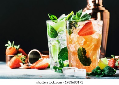 Summer Mojito cocktail or mocktail set with lime, mint, strawberry and ice in glass on black background. Cold alcoholic or non-alcoholic drinks, beverages and cocktails - Shutterstock ID 1983683171