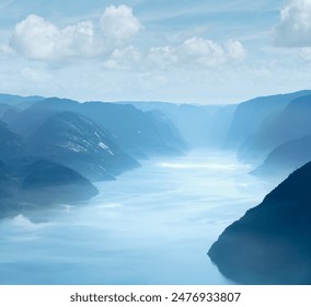 Summer morning misty view from Preikestolen massive cliff top (Norway, Lysefjorden) - Powered by Shutterstock