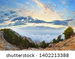 Summer morning sunrise cloudy top view of the Mount Aenos (or Ainos). Kefalonia, Greece.