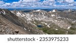 Summer Mountain Top - White clouds rolling over rugged mountain peaks and blue alpine lakes, as seen from summit of Quandary Peak looking towards northwest, on a sunny Summer day. Colorado, USA.