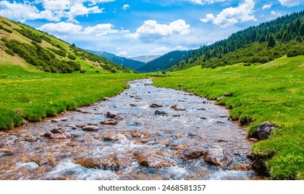 Summer in the mountains. River in the highlands. Summer landscape. Thousands of tired, nervous, overly civilized people are beginning to understand that going to the mountains means going home. - Powered by Shutterstock