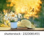 summer nature background. chamomile flowers in mug, butterflies, book and braided hat on table in garden. Beautiful rustic floral composition. relaxation, harmony atmosphere.