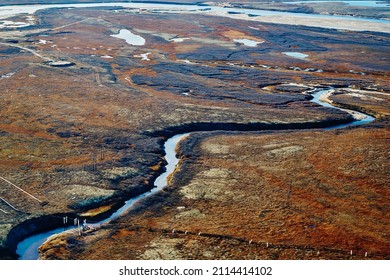 Summer Nature Landscape From Above. Mountain Range Aerial View. River Bank In The Morning In The Tundra. Taimyr Peninsula, Russia. Norilsk.