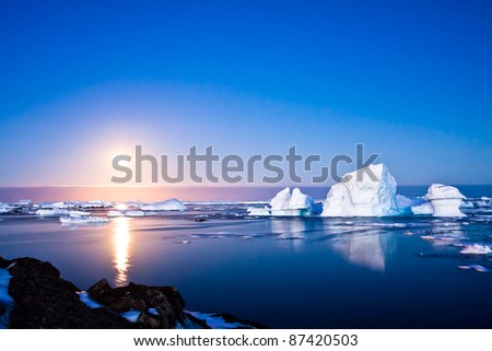 Summer night in Antarctica.Icebergs floating in the moonlight