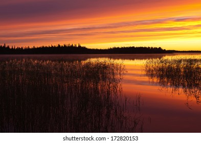 Summer Night In Colorful Sunset Finnish Lapland