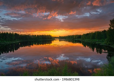 Summer And Nightless Night. Free And Wild Flowing Water. A Fisherman's Paradise. River Simojoki