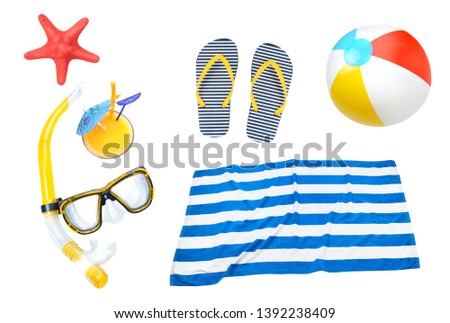 Summer objects collage,beach items set isolated. Holiday vocation symbol.
