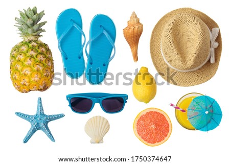 Summer objects isolated on white background. Top view from above
